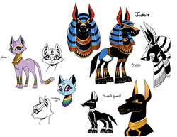 Size: 1280x987 | Tagged: safe, artist:brendahickey, idw, baast, king anubis, cat, jackal, g4, spoiler:comic, spoiler:comic24, ancient anugypt, anubis, concept art, egyptian, rainbow cat, simple background, white background