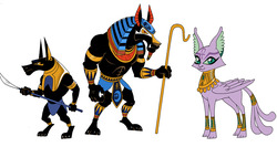 Size: 1280x681 | Tagged: safe, artist:brenda hickey, idw, baast, king anubis, cat, jackal, sphinx, g4, spoiler:comic, spoiler:comic24, ancient anugypt, ankh, anubis, anubite, armor, concept art, crescent moon, earring, egyptian, eye of horus, female, forked tail, jewelry, male, simple background, spear, staff, white background, wings