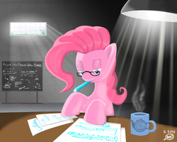 Size: 1280x1024 | Tagged: safe, artist:chrisboe4ever, pinkie pie, g4, chalkboard, female, glasses, mouth hold, pencil, solo
