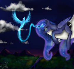 Size: 1500x1400 | Tagged: safe, artist:alicesmitt31, princess luna, g4, female, magic, moon, prone, smiling, solo, tangible heavenly object