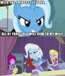 Size: 610x716 | Tagged: safe, fuchsia blush, lavender lace, trixie, human, pony, equestria girls, g4, my little pony equestria girls: rainbow rocks, background human, exploitable meme, female, human ponidox, image macro, meme, self ponidox, trixie and the illusions, trixie vs everyone meme