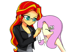 Size: 1080x769 | Tagged: safe, artist:twilite-sparkleplz, fluttershy, sunset shimmer, equestria girls, g4, clothes, female, glasses, lesbian, nose blowing, ship:sunshyne, shipping, tank top, tissue