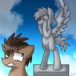 Size: 1000x1000 | Tagged: safe, artist:woogiegirl, doctor whooves, time turner, g4, doctor who, duo, weeping angel