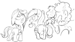 Size: 1164x645 | Tagged: safe, artist:php27, applejack, pinkie pie, rarity, g4, filly, monochrome, younger
