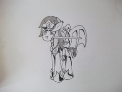 Size: 3664x2748 | Tagged: safe, artist:bigmackintosh, oc, oc:skurge, bat pony, pony, high res, monochrome, night guard, sketch