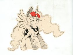 Size: 3292x2474 | Tagged: safe, artist:ottonandpoky, princess luna, g4, beret, female, high res, solo, traditional art
