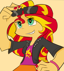 Size: 776x866 | Tagged: safe, artist:lance, sunset shimmer, equestria girls, g4, female, panty and stocking with garterbelt, smiling, smirk, solo, style emulation, sunglasses