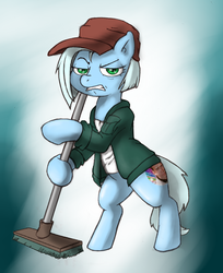 Size: 915x1123 | Tagged: safe, artist:i am nude, oc, oc only, oc:tracy cage, /mlp/, 4chan, broom, frown, janitor, request, scruffy, solo