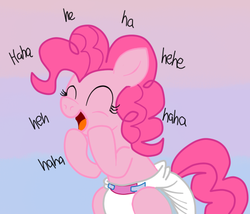 Size: 500x427 | Tagged: safe, anonymous artist, artist:fillyscoots42, pinkie pie, earth pony, pony, g4, cute, diaper, diapinkes, eyes closed, female, giggling, gradient background, laughing, mare, non-baby in diaper, poofy diaper, solo