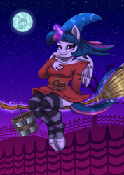 Size: 4960x7015 | Tagged: safe, artist:theonedzaan, twilight sparkle, anthro, unguligrade anthro, g4, absurd resolution, broom, bucket, clothes, costume, crossover, dead tree, fantasia, female, fence, flying, flying broomstick, full moon, hat, levitation, looking at you, magic, moon, night, night sky, sitting, smiling, socks, solo, stars, striped socks, telekinesis, tree, twilight sparkle (alicorn), witch, witch hat