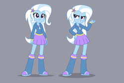 Size: 900x600 | Tagged: safe, artist:khuzang, trixie, equestria girls, g4, clothes, cute, diatrixes, female, grin, happy, simple background, skirt, smiling, smirk, solo
