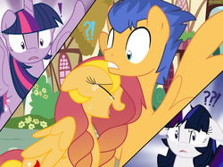 Size: 1154x862 | Tagged: safe, artist:faith-wolff, flash sentry, twilight sparkle, oc, oc:flare sparks, oc:stella nova, alicorn, pegasus, pony, unicorn, g4, confused, crying, faithverse, female, floppy ears, frown, gritted teeth, mare, next generation, offspring, parent:flash sentry, parent:sunset shimmer, parent:twilight sparkle, parents:flashimmer, parents:flashlight, spread wings, surprised, tears of joy, twilight sparkle (alicorn), wide eyes