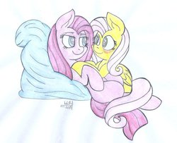 Size: 1024x830 | Tagged: safe, artist:cyanyeh, fluttershy, pinkie pie, g4, blushing, cuddling, female, lesbian, pinkamena diane pie, ship:flutterpie, shipping, snuggling