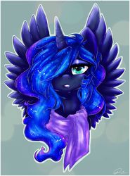 Size: 2299x3101 | Tagged: safe, artist:dimwitdog, princess luna, alicorn, pony, g4, bust, clothes, colored pupils, female, hair over one eye, high res, mare, portrait, profile, scarf, solo