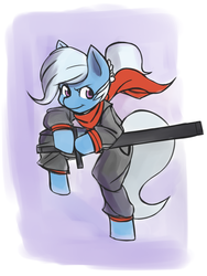 Size: 1149x1527 | Tagged: safe, artist:fauxsquared, trixie, pony, unicorn, g4, bipedal, clothes, female, hoof hold, mare, ninja, ninjato, scarf, smiling, solo, sword, weapon