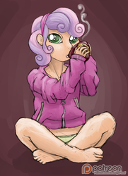 Size: 1000x1379 | Tagged: safe, artist:smudge proof, sweetie belle, human, g4, barefoot, clothes, crossed legs, drinking, feet, female, green underwear, hoodie, humanized, looking at you, panties, patreon, patreon logo, sitting, solo, underwear