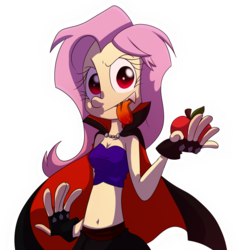 Size: 1024x1024 | Tagged: safe, artist:fj-c, fluttershy, vampire, equestria girls, g4, apple, belly button, cleavage, clothes, female, fingerless gloves, flutterbat, gloves, midriff, solo, tongue out