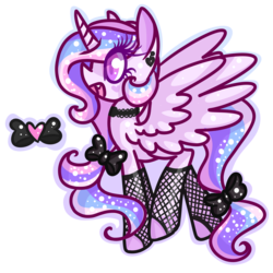 Size: 1200x1200 | Tagged: safe, artist:sugaropolis, princess celestia, alicorn, pony, g4, choker, chokerlestia, clothes, cute, cute little fangs, ear piercing, earring, ethereal mane, ethereal tail, fangs, female, fishnet clothing, fishnet stockings, hair bow, jewelry, open mouth, open smile, outline, piercing, simple background, smiling, solo, spread wings, stockings, tail, tail bow, thigh highs, transparent background, wings