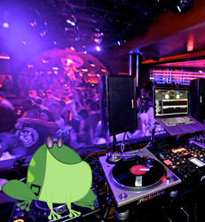 Size: 1881x2036 | Tagged: safe, artist:goatmeal, edit, dj pon-3, vinyl scratch, frog, human, g4, irl, irl human, nightclub, photo