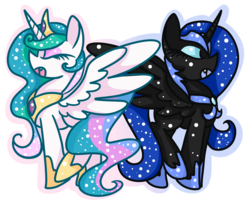 Size: 1280x1024 | Tagged: safe, artist:sugaropolis, nightmare moon, princess celestia, g4, back to back, black outlines, cute, cute little fangs, duo, fangs, full body, side view, simple background, spread wings, transparent background, wings