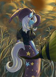 Size: 726x1000 | Tagged: safe, artist:pseudosharp, trixie, anthro, g4, broom, clothes, cloud, cloudy, dead tree, female, flying, flying broomstick, looking at you, looking back, sitting, skirt, smirk, solo, tree, witch