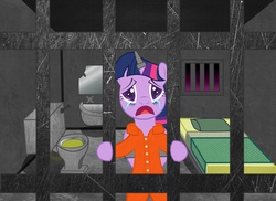 Size: 2160x1569 | Tagged: safe, artist:spellboundcanvas, twilight sparkle, alicorn, pony, g4, bound wings, clothes, female, horn, horn cap, magic suppression, mare, prison, prison outfit, prisoner ts, twilight sparkle (alicorn)