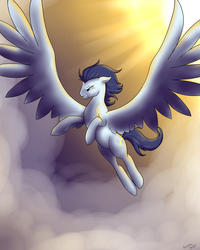 Size: 4000x5000 | Tagged: safe, artist:azarathedragon, soarin', pegasus, pony, g4, angry, cloud, flying, large wings, male, old cutie mark, solo, stallion, sun, wings