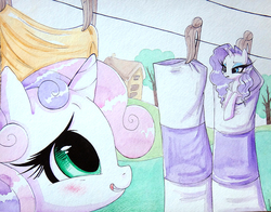 Size: 1147x901 | Tagged: safe, artist:prettypinkpony, rarity, sweetie belle, pony, unicorn, g4, blushing, clothes, clothes line, duo, micro, rarity is not amused, sheepish grin, shrunk, sisters, socks, traditional art, watercolor painting, wet, wet mane, wet mane rarity