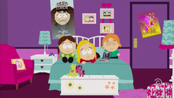 Size: 1280x720 | Tagged: safe, cheerilee (g3), human, pony, g3, bed, cameo, chair, computer, door, female, lamp, laptop computer, nightstand, pillow, plushie, pony reference, poster, south park, toy