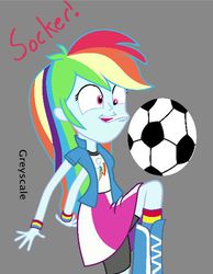 Size: 572x738 | Tagged: safe, artist:greyscaleart, part of a set, rainbow dash, human, equestria girls, g4, derp, female, flanderization, football, part of a series, silly human, solo