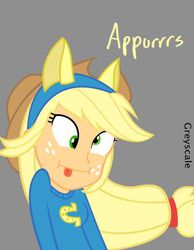 Size: 572x738 | Tagged: safe, artist:greyscaleart, part of a set, applejack, earth pony, pony, equestria girls, g4, derp, female, flanderization, part of a series, silly, silly human, solo, tongue out, who's a silly human