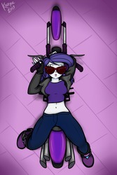 Size: 500x750 | Tagged: safe, artist:killryde, artist:mylittlepornedits, rarity, equestria girls, g4, belly button, boots, clothes, explicit source, female, from above, gloves, high angle, midriff, motorcycle, on back, overhead view, solo, sunglasses