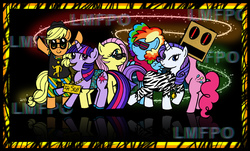 Size: 4391x2653 | Tagged: safe, artist:cookye306, applejack, fluttershy, pinkie pie, rainbow dash, rarity, twilight sparkle, pony, g4, lmfao, mane six, party rock, reflection, shufflebot, zebra costume