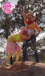 Size: 1932x3247 | Tagged: safe, artist:strange-black-cat, applejack, fluttershy, human, g4, cosplay, irl, irl human, photo