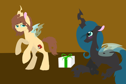 Size: 1024x683 | Tagged: safe, artist:altimos0023, queen chrysalis, oc, oc:poisoned soul, g4, canon x oc, changelingified, chrysalislover, present, shipping