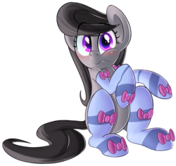 Size: 1814x1711 | Tagged: safe, artist:january3rd, octavia melody, earth pony, pony, g4, blushing, bow, clothes, embarrassed, female, looking at you, simple background, sitting, socks, socktavia, solo, striped socks, transparent background