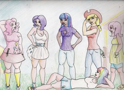 Size: 2299x1668 | Tagged: safe, artist:chronicallyzee, applejack, fluttershy, pinkie pie, rainbow dash, rarity, twilight sparkle, human, g4, dark skin, humanized, mane six, traditional art