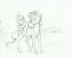 Size: 1280x1041 | Tagged: safe, artist:imsokyo, rarity, spike, classical unicorn, dragon, pony, unicorn, daily life of spike, g4, carrying, dragons riding ponies, duo, female, grayscale, horn, leonine tail, male, mare, monochrome, riding, sketch, spike riding rarity, traditional art, tumblr, unshorn fetlocks