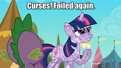 Size: 960x540 | Tagged: safe, spike, twilight sparkle, g4, aluminum foil, caption, dick dastardly, image macro, meme, pun, visual pun