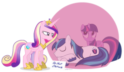 Size: 900x525 | Tagged: safe, artist:dm29, princess cadance, shining armor, twilight sparkle, alicorn, pony, g4, do not disturb, eyeroll, eyes closed, female, force field, frown, glare, mare, prone, simple background, sleeping, smiling, transparent background, trio, twilight sparkle (alicorn), unamused