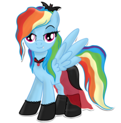 Size: 536x547 | Tagged: safe, artist:karmadash, rainbow dash, bat, vampire, vampony, g4, bedroom eyes, boots, clothes, dress, female, gloves, necklace, rainbow dash always dresses in style, solo