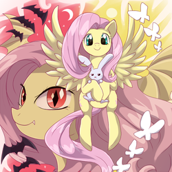 Size: 700x700 | Tagged: safe, artist:keterok, angel bunny, fluttershy, bat pony, pegasus, pony, rabbit, g4, animal, duality, fangs, female, flutterbat, flying, male, mare, red eyes, slit pupils, smiling