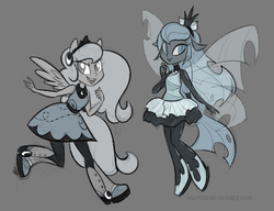 Size: 900x690 | Tagged: safe, artist:egophiliac, princess luna, oc, oc:imogen, changeling, changeling queen, moonstuck, equestria girls, g4, blue changeling, changeling oc, changeling queen oc, clothes, cute, dress, equestria girls-ified, female, filly, monochrome, ponied up, pony ears, sketch, winged humanization, woona