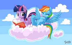 Size: 2560x1600 | Tagged: safe, artist:mysticalpha, rainbow dash, twilight sparkle, alicorn, pegasus, pony, g4, book, cloud, cloudy, duo, duo female, female, friendship, high res, laughing, lesbian, lying down, lying on a cloud, mare, on a cloud, on back, open mouth, open smile, outdoors, ponyloaf, prone, ship:twidash, shipping, sky, smiling, spread wings, twilight sparkle (alicorn), twilight sparkle is not amused, unamused, underhoof, wallpaper, wings