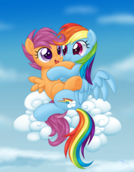 Size: 3190x4100 | Tagged: safe, artist:lordyanyu, rainbow dash, scootaloo, pegasus, pony, g4, best sisters, carrying, cloud, cute, cutealoo, dashabetes, duo, female, filly, folded wings, happy, hug, mare, open mouth, puffy cheeks, scootalove, sisters, sky, smiling, spread wings, underhoof