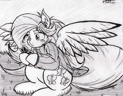 Size: 606x474 | Tagged: safe, artist:petanoprime, fluttershy, g4, bottomless, clothes, female, grayscale, monochrome, partial nudity, solo, sweatershy