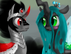 Size: 1600x1200 | Tagged: safe, artist:luminousdazzle, king sombra, queen chrysalis, changeling, changeling queen, pony, unicorn, g4, blushing, female, looking at each other, looking at someone, male, ship:chrysombra, shipping, straight