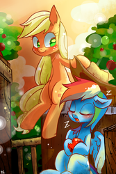 Size: 1000x1500 | Tagged: safe, artist:renokim, applejack, rainbow dash, g4, accessory swap, apple, applejack's hat, hat, sleeping