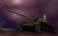 Size: 2900x1800 | Tagged: safe, artist:mrscroup, applejack, how applejack won the war, g4, :d, female, russian, smiling, solo, t-54, tank (vehicle)