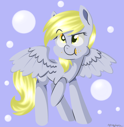 Size: 1441x1481 | Tagged: safe, artist:notenoughapples, derpy hooves, pegasus, pony, g4, bubble, crumbs, female, mare, raised hoof, solo, spread wings